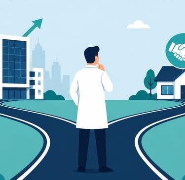 Flat-style vector of a business owner at a crossroads choosing between scaling a building or a hands
