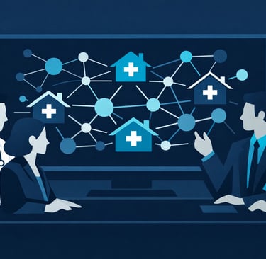 An overhead view of a diverse healthcare management team at Senate Healthcare LLC reviewing data map
