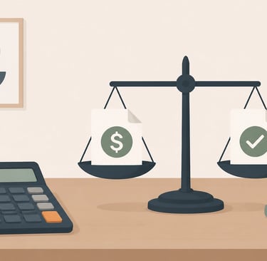 Flat-style vector illustration of a minimalist calculator sitting on a desk next to a scale balancin