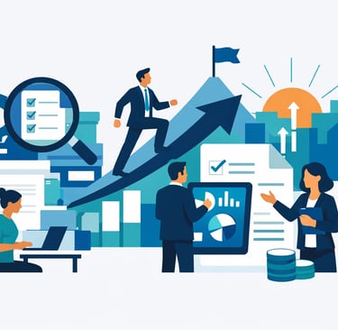 A professional desk with a laptop, organized healthcare folders, and a digital tablet showing M&A gr