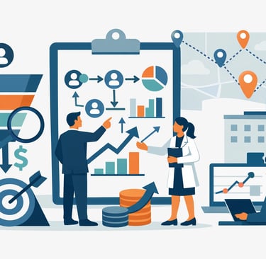 Home health agency owner reviewing referral pipeline data with acquisition team, illustrating the st