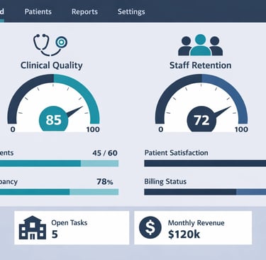 A close-up of a digital dashboard showing real-time healthcare KPIs like patient satisfaction and st