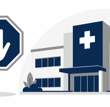 A flat-style illustration of a stop sign and a medical building symbolizing the 2026 CMS enrollment