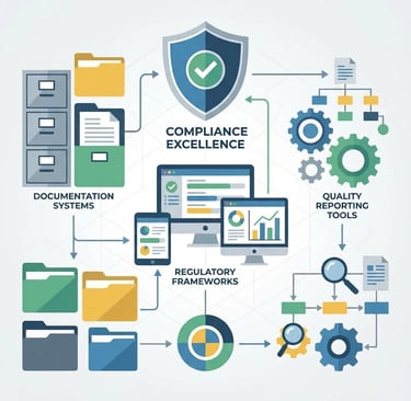 Healthcare compliance audit workspace showing documentation systems and quality reporting tools used