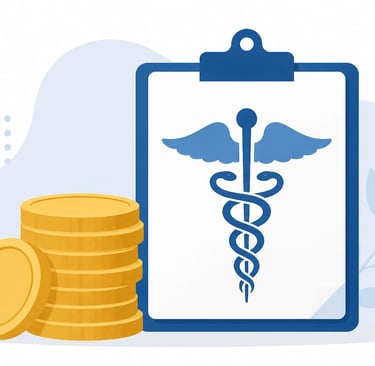 Flat-style vector illustration of a stack of gold coins next to a medical clipboard.