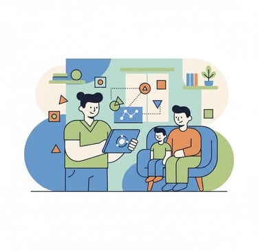 A hospice nurse reviewing patient care metrics on a tablet while sitting with family members in a co