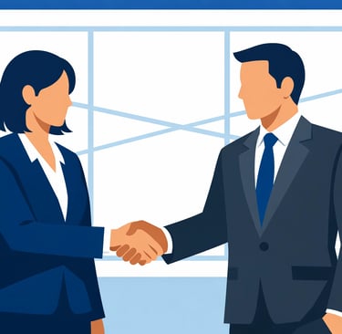 Two professionals shaking hands in a bright office, representing a successful healthcare partnership