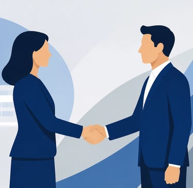 Flat-style vector illustration of a professional business handshake between two minimalist figures i
