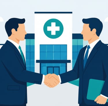 Flat-style vector of a handshake in front of a medical facility representing a strategic healthcare