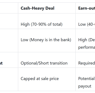 A clean, professional table comparing the pros and cons of cash-heavy deals versus earn-out-heavy de
