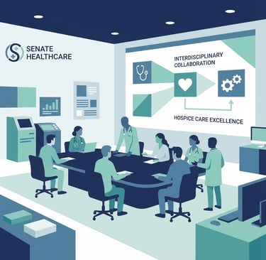 Interdisciplinary team meeting in hospice setting with care coordination technology visible