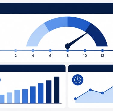 Flat-style vector illustration of a digital dashboard showing metrics and a scale from 0 to 16, repr