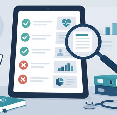 Flat-style vector illustration of a professional medical audit with a digital checklist and magnifyi