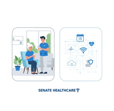 Side-by-side comparison of a caregiver using a tablet and another caregiver with paper files