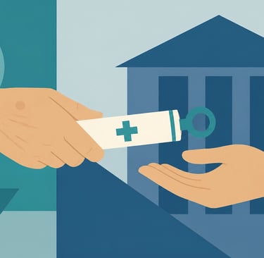 Two hands passing a baton that looks like a medical scroll, symbolizing a smooth business succession