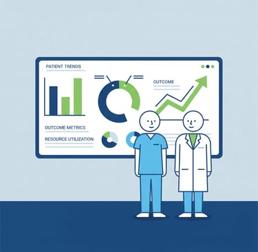 Healthcare professionals reviewing digital analytics dashboard showing reputation metrics and client