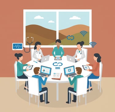 Rural healthcare team collaborating around conference table with laptops and documents, representing