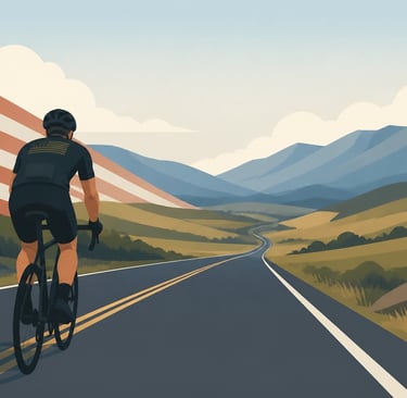 A flat-style vector illustration of a cyclist on a long road, symbolizing the Soldier Ride. The desi