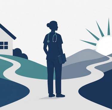 Flat-style vector illustration of a minimalist healthcare professional silhouette standing between a