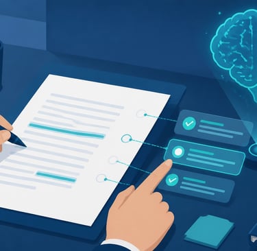 Flat-style vector illustration of a human hand verifying clinical notes generated by a digital AI ho
