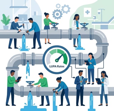 A professional graphic illustrating revenue leaking from a healthcare agency's financial funnel due 