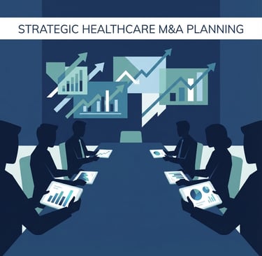 Professional business meeting with healthcare executives reviewing acquisition documents and financi