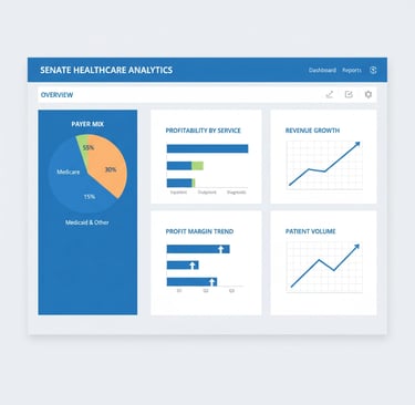 Financial dashboard displaying payer mix analysis and profitability metrics
