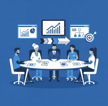 Healthcare consultants presenting strategic recommendations to diverse group of agency owners