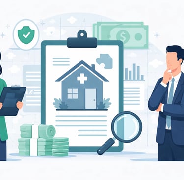 Home health agency owner reviewing sale documents at a desk with laptop and paperwork.