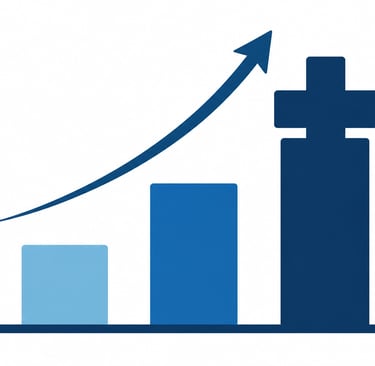 Flat-style vector bar chart showing increasing growth with a medical cross icon to represent rising 