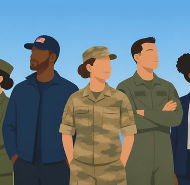 A flat-style vector illustration of a diverse group of veterans standing together in a respectful, m