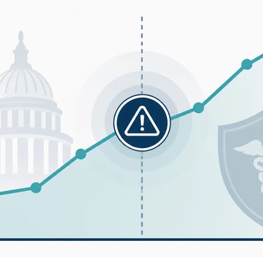 illustration of a line chart showing a rising valuation line intersected by a risk symbol, depicting