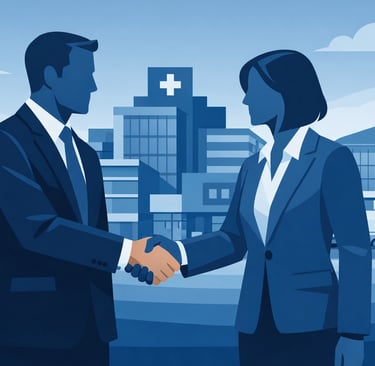 The Senate Healthcare logo next to a "Contact Us" button, set against a background of a modern healt