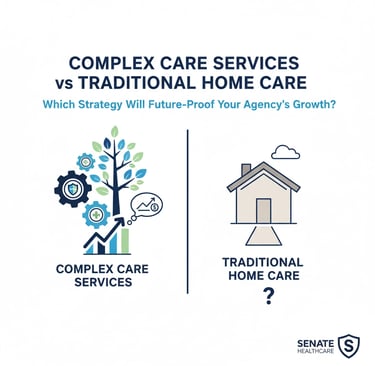 Hero image: Healthcare professional reviewing patient charts and care plans in a modern home setting