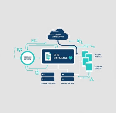 Technical infrastructure diagram showing connected devices, EHR systems, and patient monitoring tool