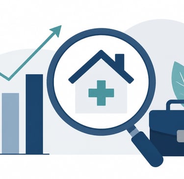 A minimalist flat-style vector illustration showing a magnifying glass hovering over a house icon wi