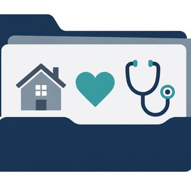 Flat-style vector illustration of a minimalist document folder icon containing house, heart, and ste