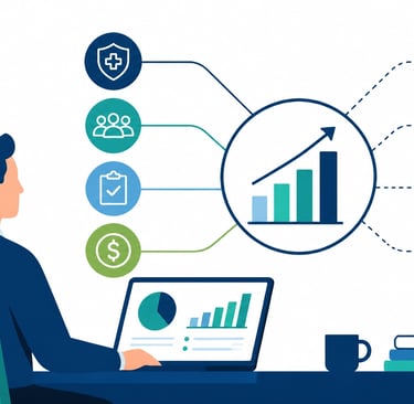 Flat-style vector illustration of a healthcare leader balancing different colored blocks representin