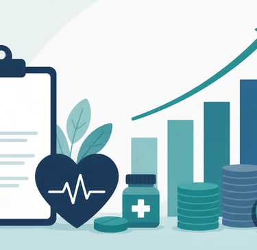 A minimalist flat-style vector illustration showing rising bar charts and stacks of coins next to me
