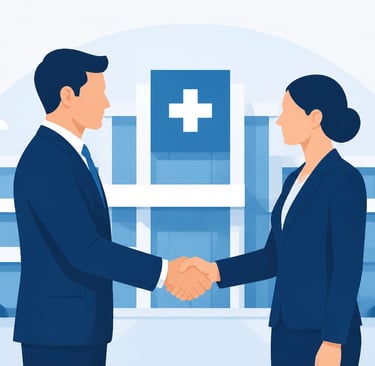 Flat-style vector of a professional handshake in front of a medical facility silhouette symbolizing 