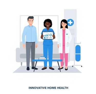 Healthcare professionals reviewing documents and charts in a modern home healthcare setting