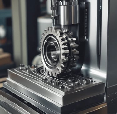 A close-up view of a metallic caliper measuring the diameter of a hexagonal nut. The caliper is placed on a textured surface, accompanied by another nut nearby. The lighting creates a shiny effect on the metal parts, highlighting their contours and precision.