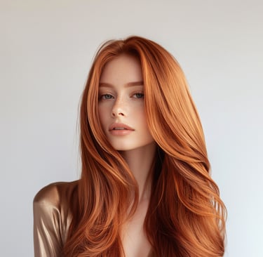 cabello cobrizo intenso y ondas suaves, tendencia de color otoño invierno 2025