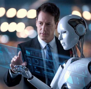 a man in a suit and tie is holding a tablet computer