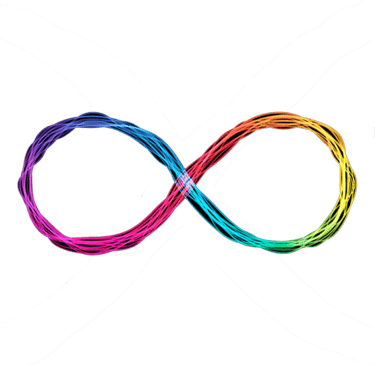 A colorful rainbow infinity symbol made of glowing light trails against a black background.
