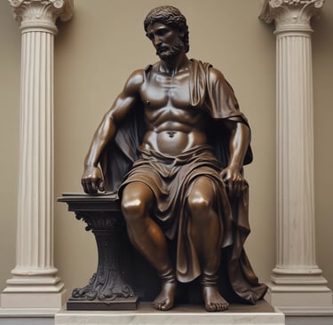 A white marble bust of a classical figure is placed next to a white cup with the word 'Italy' and a moka pot in the colors of the Italian flag. Coffee beans are scattered on a dark marble surface around these objects.