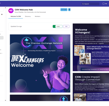 Chamber XChange welcome hub with sidebar links and a spotlight message for new members.