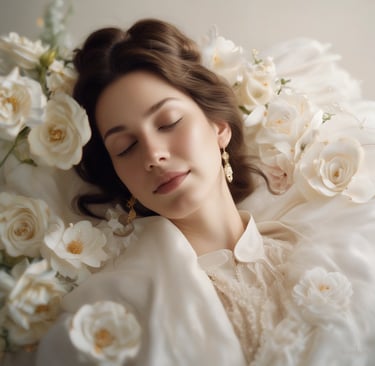 a woman laying down on a bed with flowers