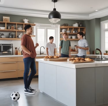 A cozy kitchen scene with a mother baking cookies alongside her children, surrounded by flour and colorful ingredients.