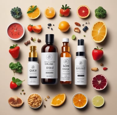 A variety of colorful dietary supplements arranged on a wooden table, showcasing different shapes and sizes of capsules and powders.